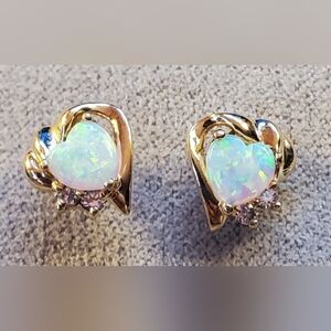 10k Yellow Gold White Fire Opal Hear Shape Stud And CZ Earrings